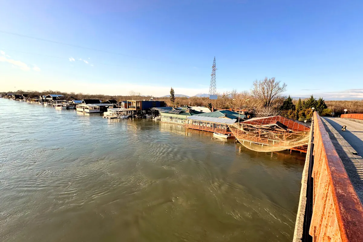 Traditional wooden stilt house restaurants on the Bojana River south of Ulcinj