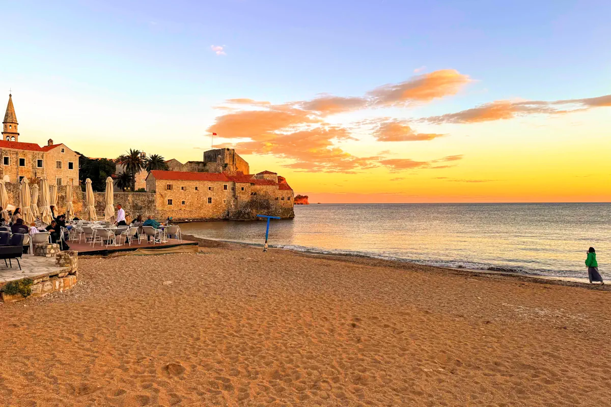 View from Ricardova Glava Beach of the Budva Citadel and Old Town Walls