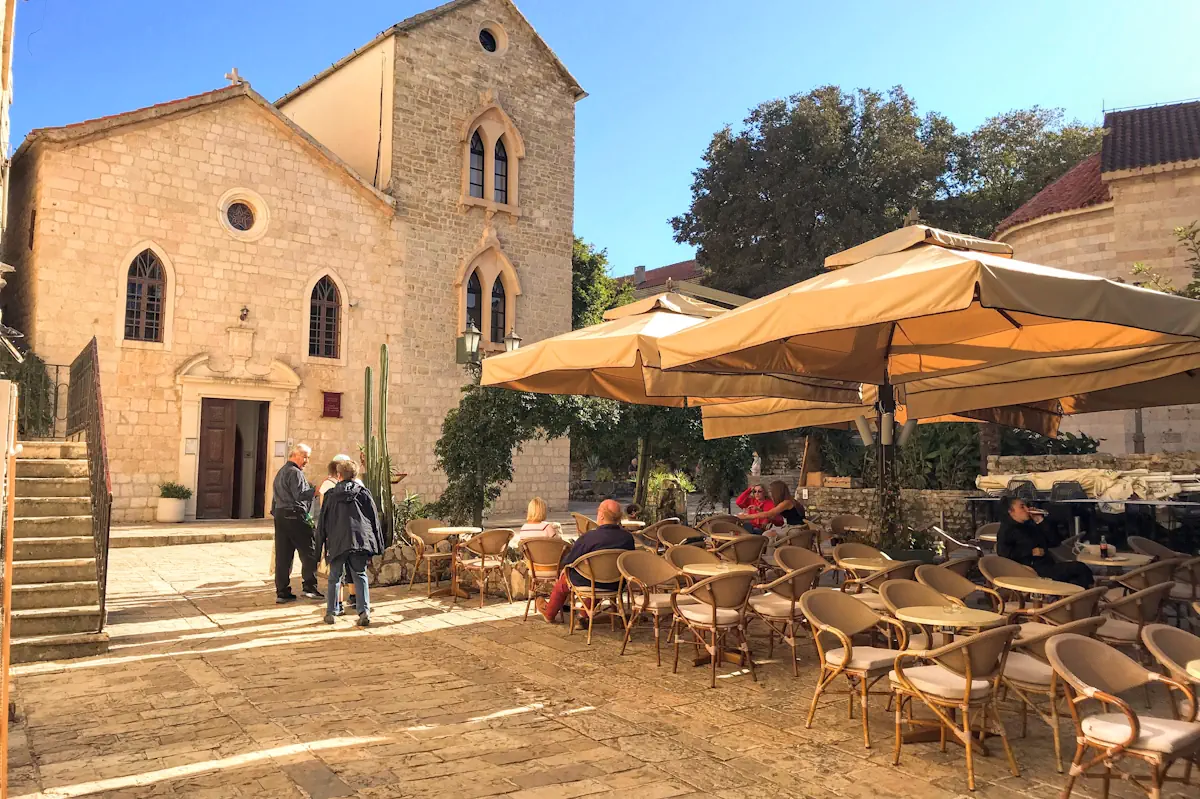 Square and Leafy Restaurant Terrace in Budva Old Town