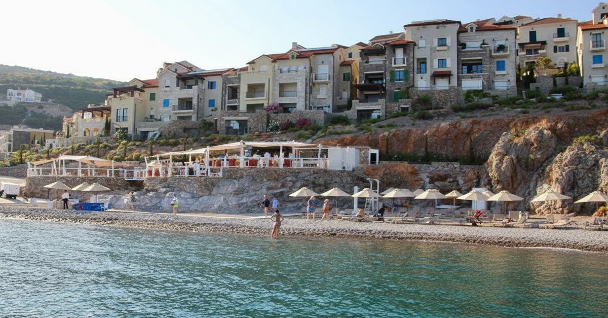 The Chedi Beach Luštica Bay luxury beach bar and loungers with the resort houses in the background