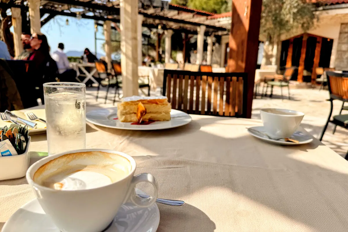 Traditional Montenegrin krempita pastry with Dojč coffee in Sveti Stefan, Budva