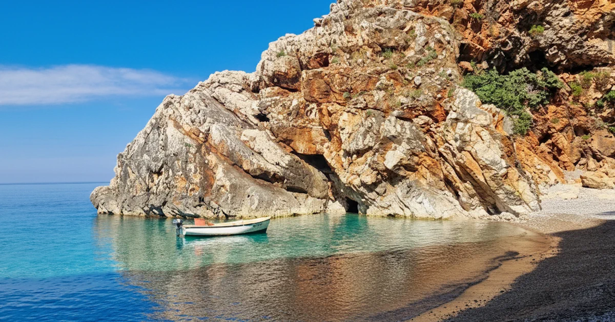 Secluded Crvena Stijena beach with reddish cliffs, crystal-clear waters and boat anchored