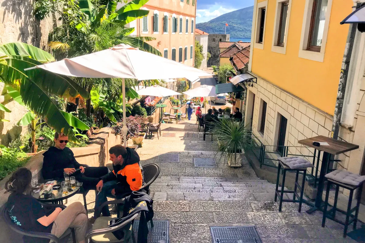 Stairs of Herceg Novi Old Town, Pub Got with Palm Trees
