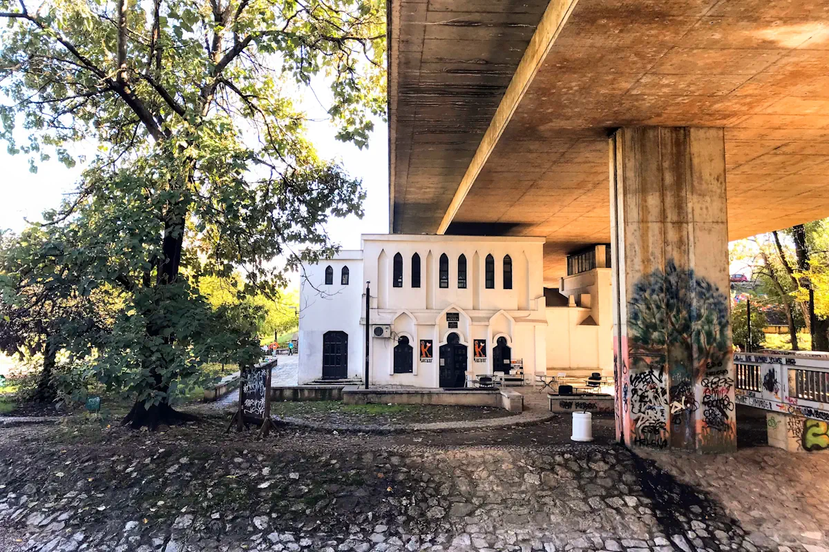 A former mosque adjacent to the Itaka Library Bar under the bridge on Ribnica River