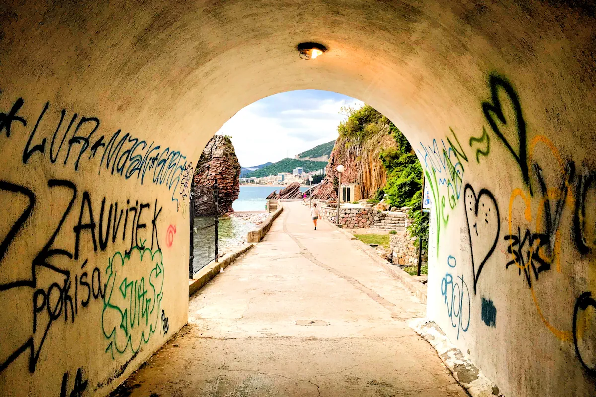Pedestrian tunnel connecting Kamenovo Beach and Rafailovici, Budva Riviera