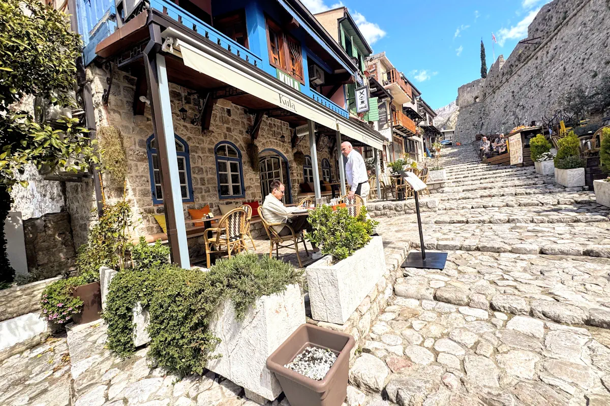 The inviting al fresco terrace overlooking the city walls at Konoba Kula Stari Bar