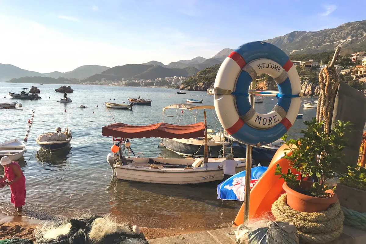 Konoba More at Pržno Cove Adriatic Fishing Boats, Sveti Stefan