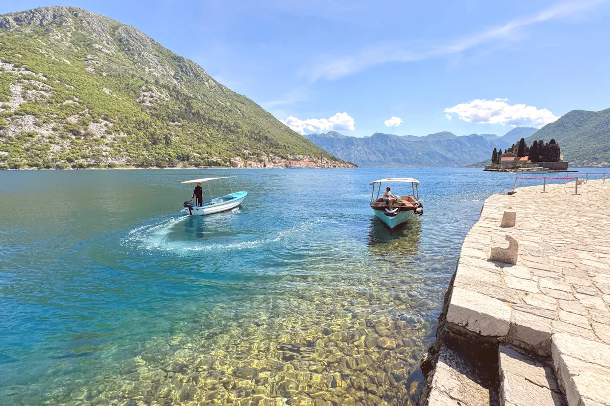 The islet of St. George as seen from the Islet of Our Lady of the Rocks in the Bay of Kotor