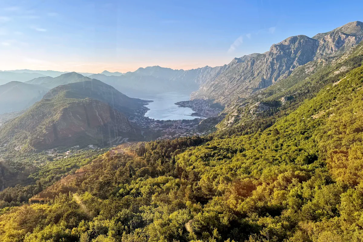 Panoramic mid-way viewpoint of Boka Bay from the cable car cabin