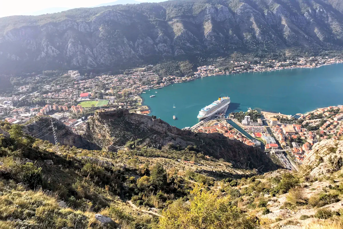 Aerial View of St. John Fortress and the orange roofs of Kotor's Old Town