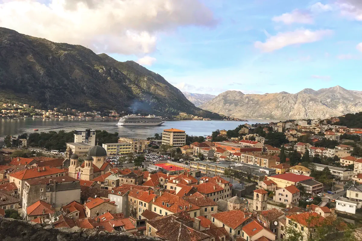 Wide panoramic view of the Bay of Kotor and the old town from city walls