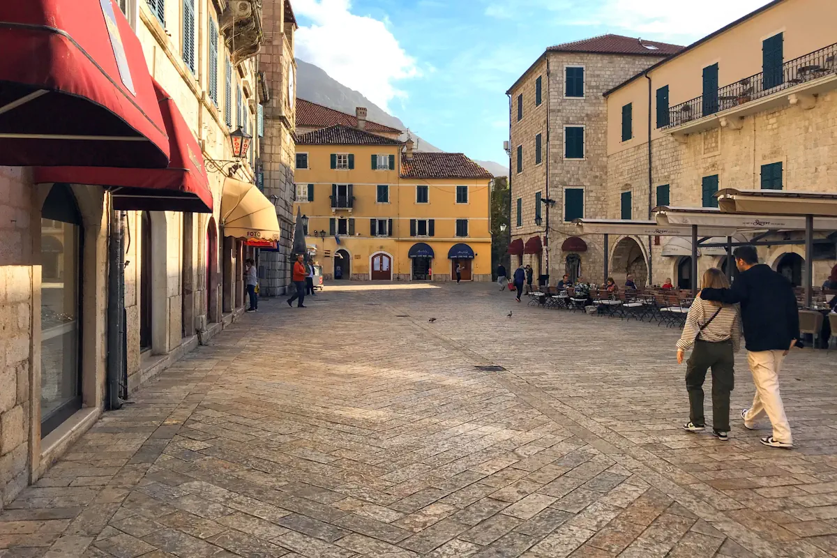 Close up of the Square of Arms in Kotor with a couple walking