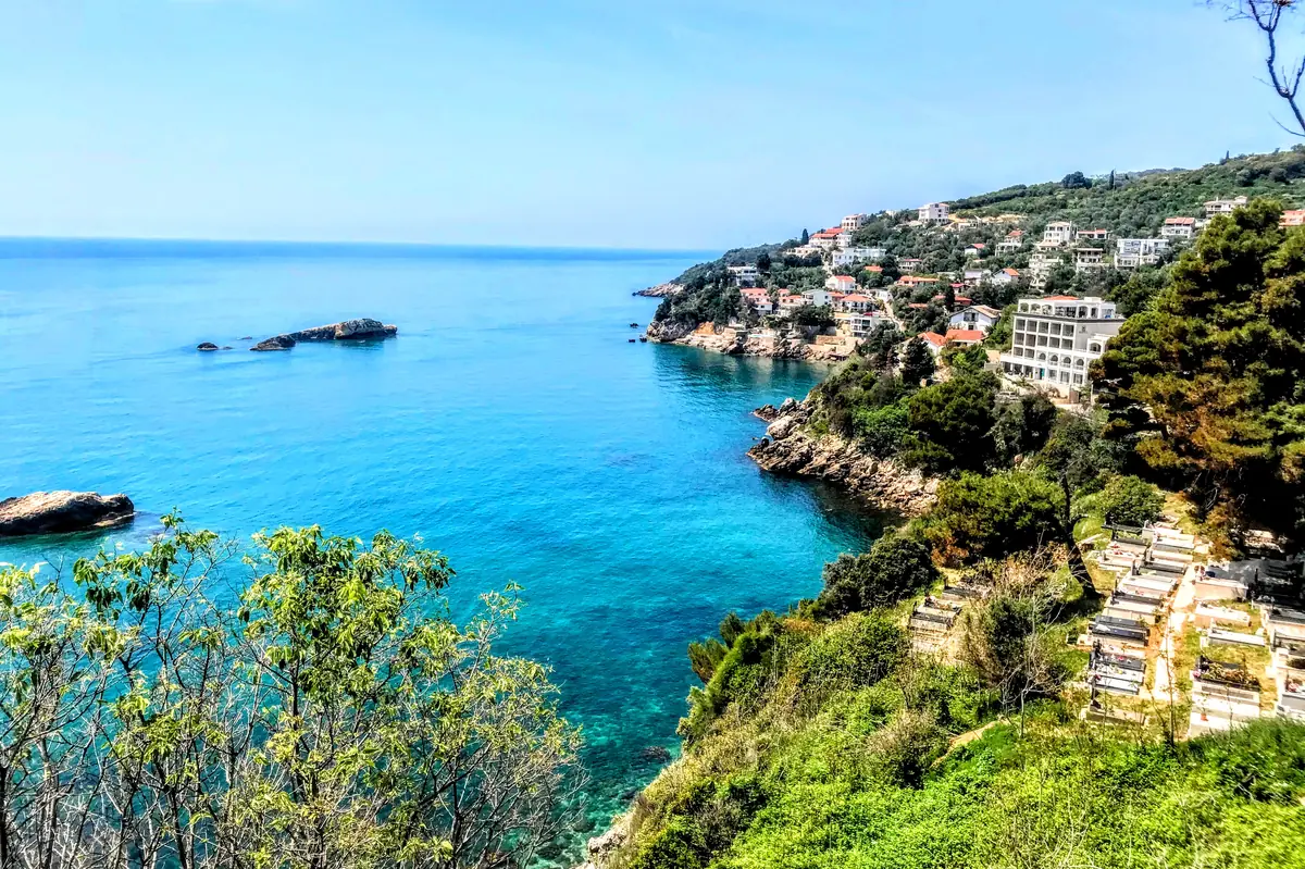 Liman I and Liman II coves north of Ulcinj's Old Town looking out onto small islets