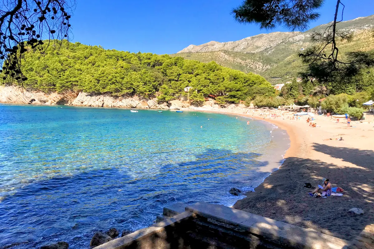 Side View of pine-fringed Lucice Beach Montenegro from the southern end