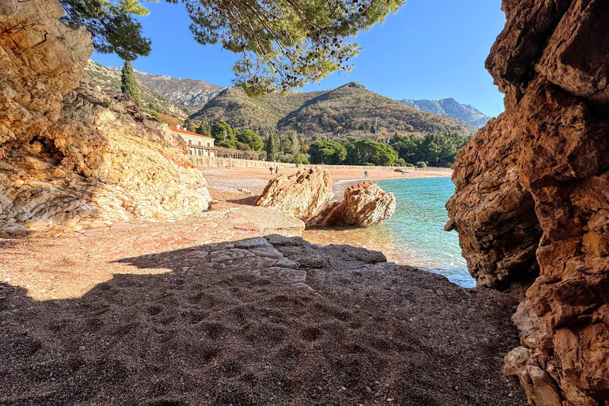 View of Milocer Beach from the tunnel exit on its northern end