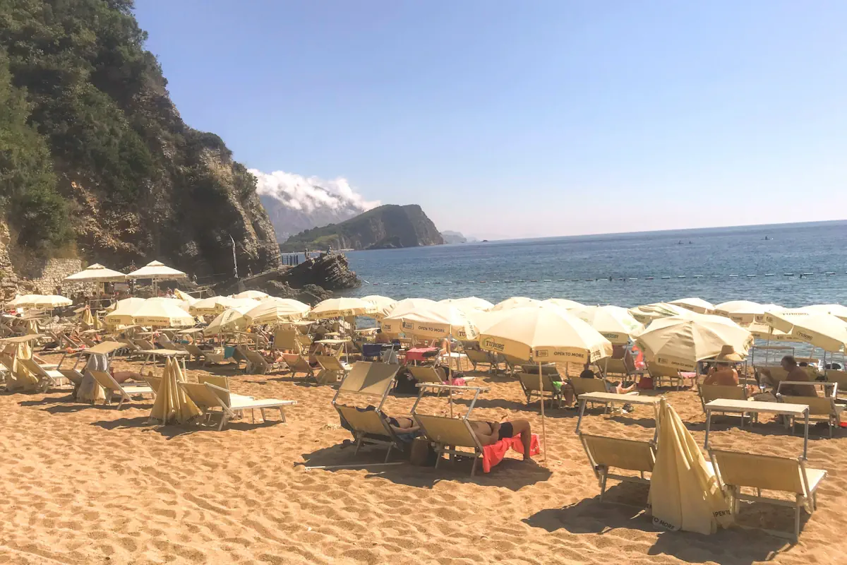 Mogren Beach in Budva with view of Sveti Nikola Island