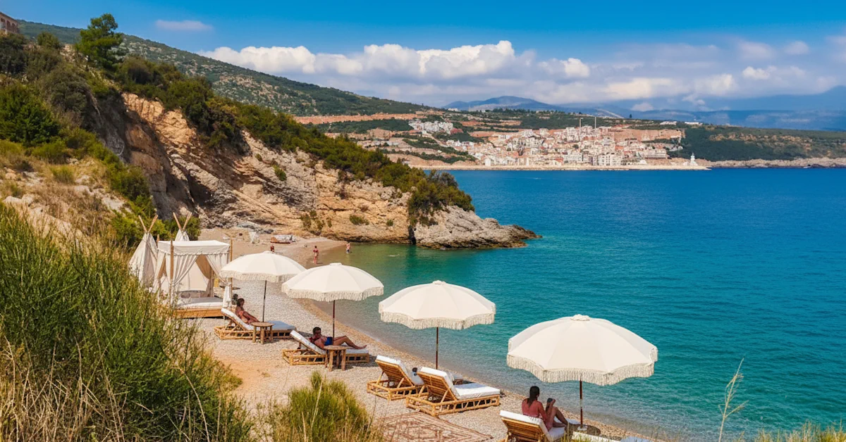 Pecka Beach (formerly Ramla) showing golden pebbles and the chic boho-chich loungers