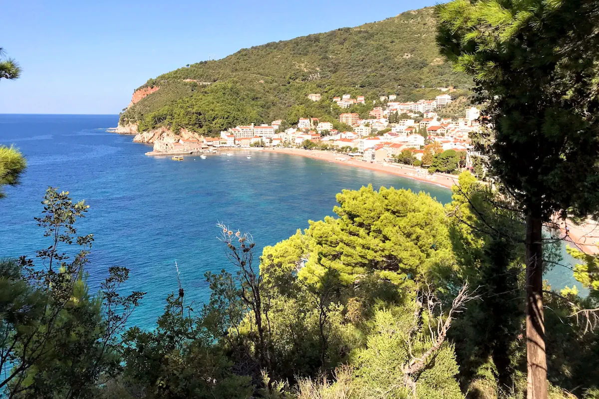 Scenic pine-shaded coastal hiking trail overlooking the sea near Petrovac