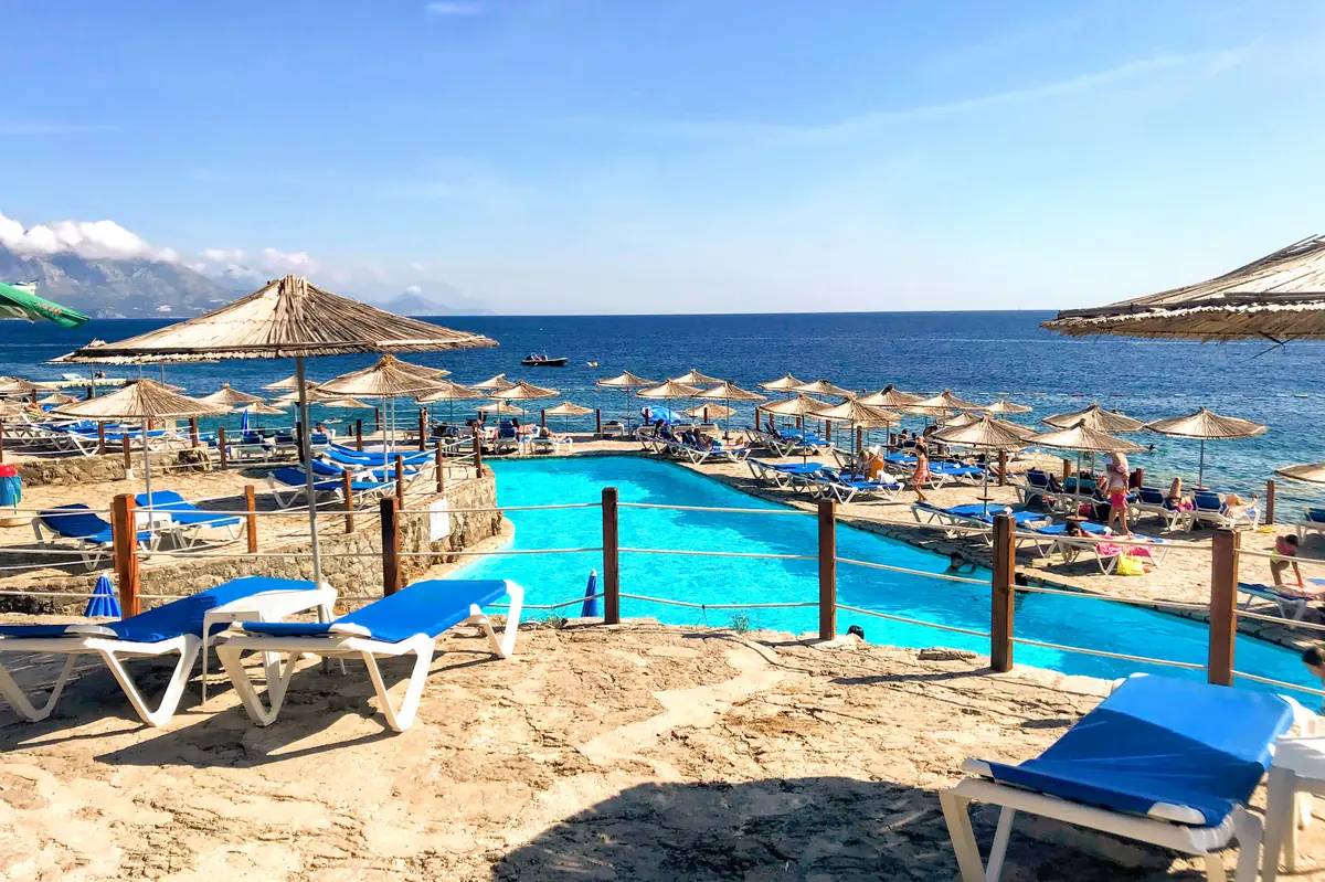Ploce Beach central part with sun lounger rentals and one of the saltwater pools