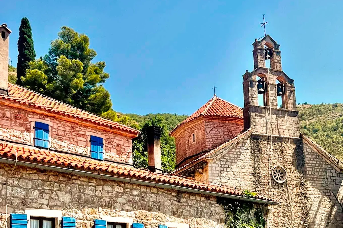 Ancient stone facade of Praskvica Monastery, Sveti Stefan, in Montenegro