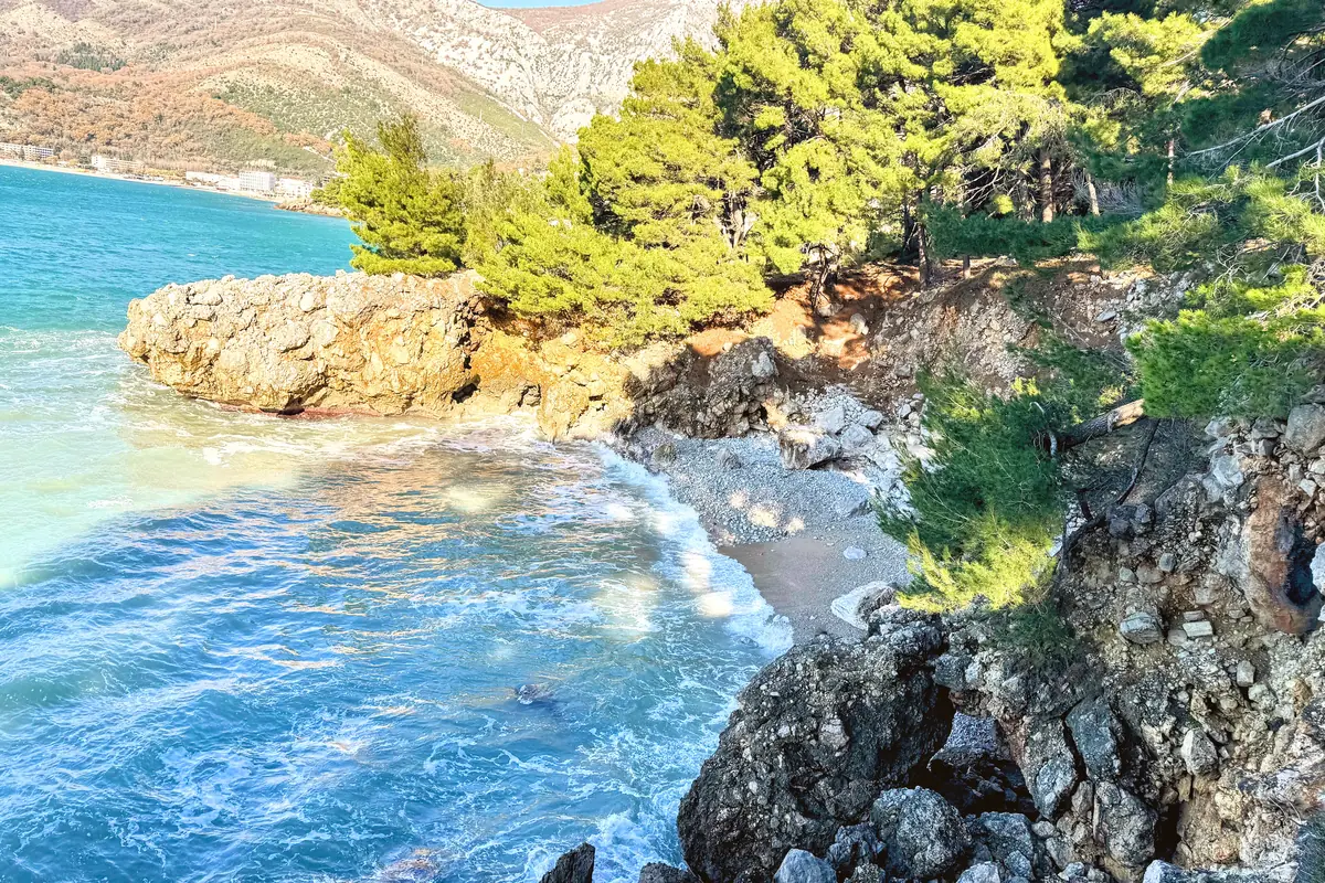 Aerial view of Ratac Beach through pine trees with limestone cliffs and blue-green water