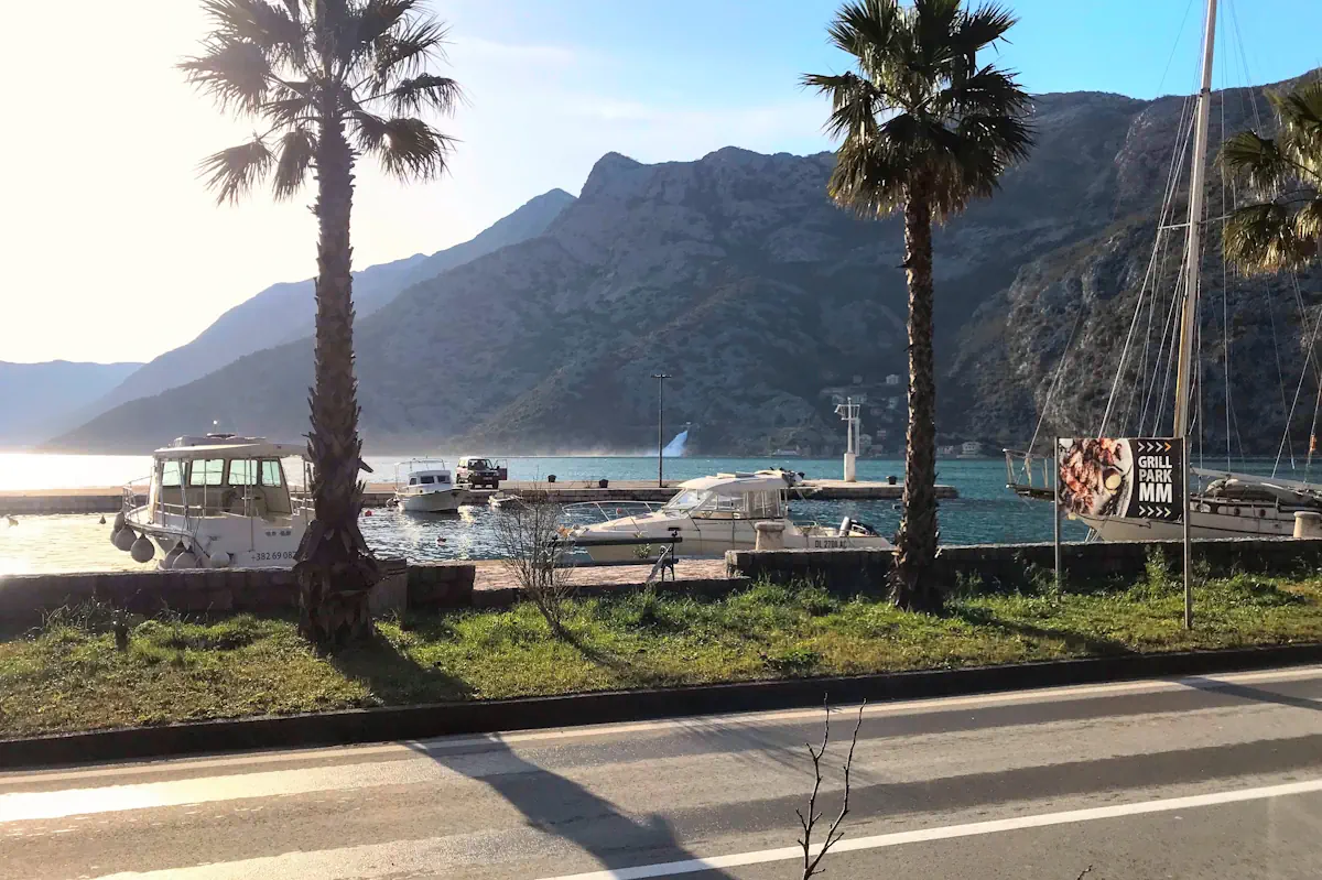 Palm-fringed Promenade and Marina in Risan Montenegro
