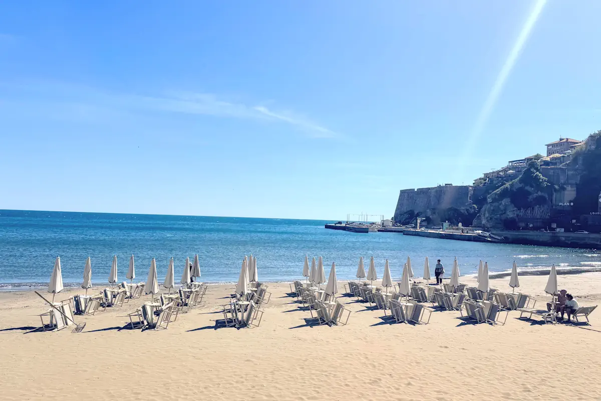 Small Beach Ulcinj (mala Plaza) with the old town citadel in the background