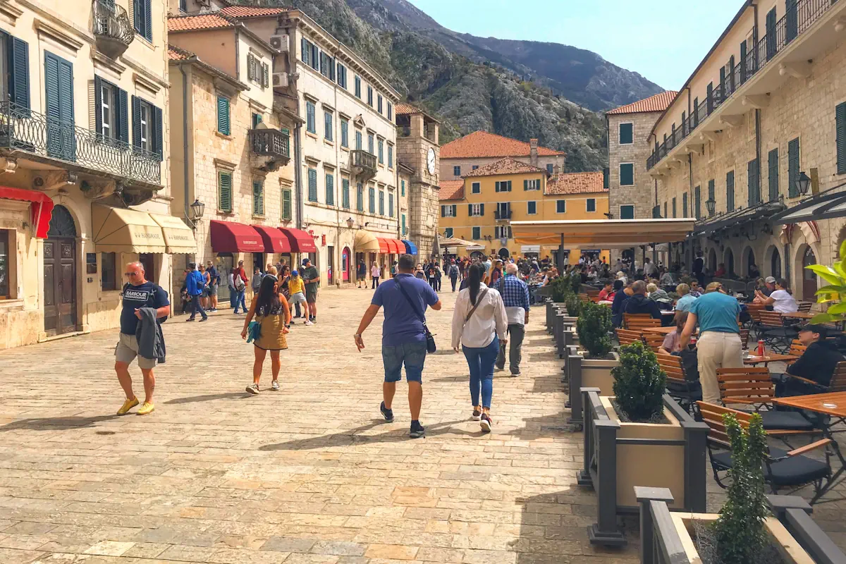 Panoramic view of the Square of Arms in Kotor showing the Clock Tower and Rector's Palace