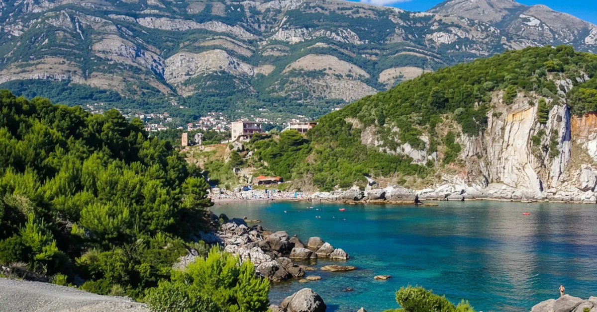 The turquoise waters and pine shade of Strbina Beach near Sutomore