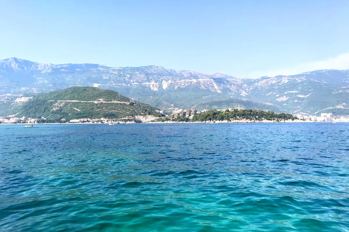 The crystal clear waters of Laguna Beach Sveti Nikola Island Budva