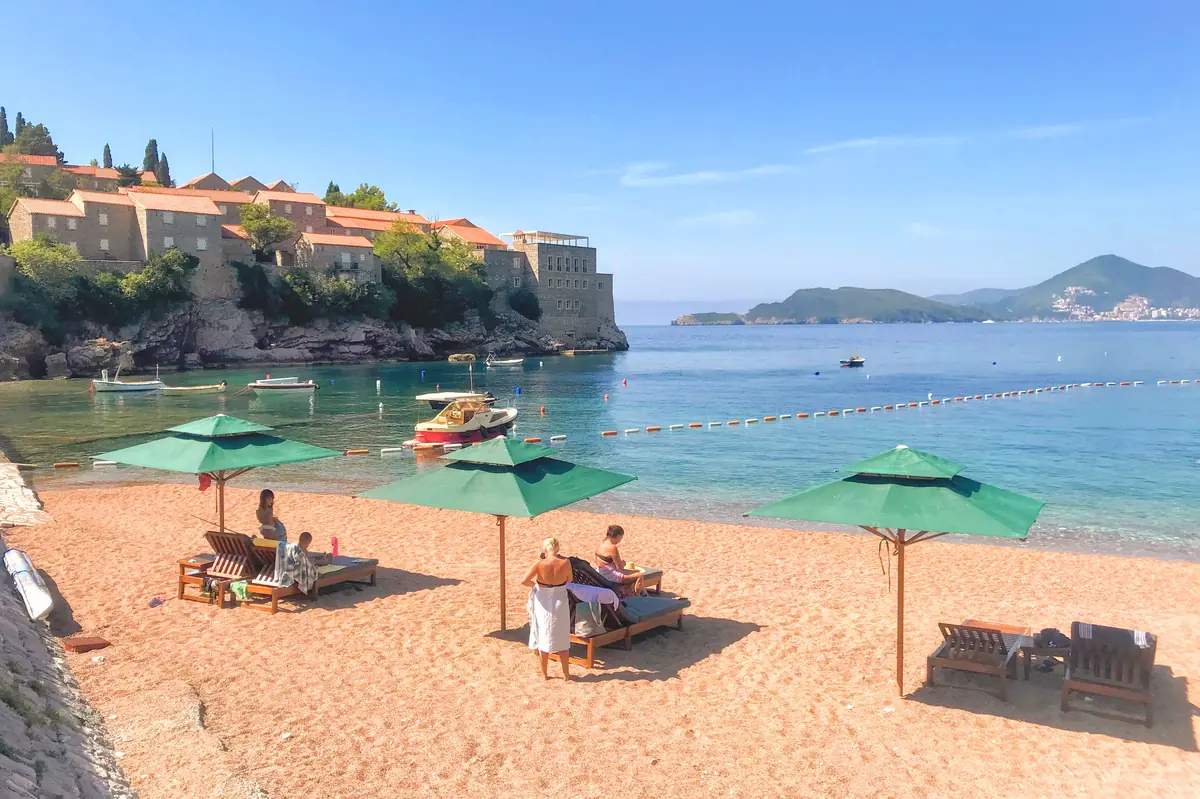 View of Sveti Stefan Island from Sveti Stefan Beach Southern End