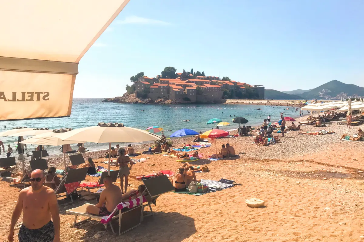 Sveti Stefan Beach Southern, public end, overlooking the resort island