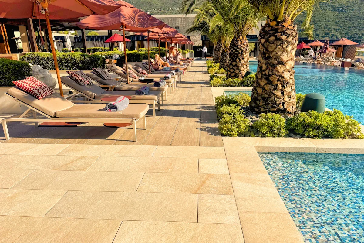 Loungers and Pool at Tapasake Beach Club, Portonovi, Montenegro