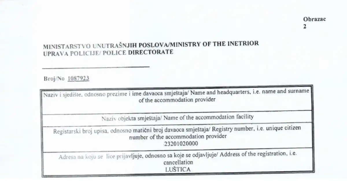 Montenegrin Tourist Registration Turisticka Potvrda