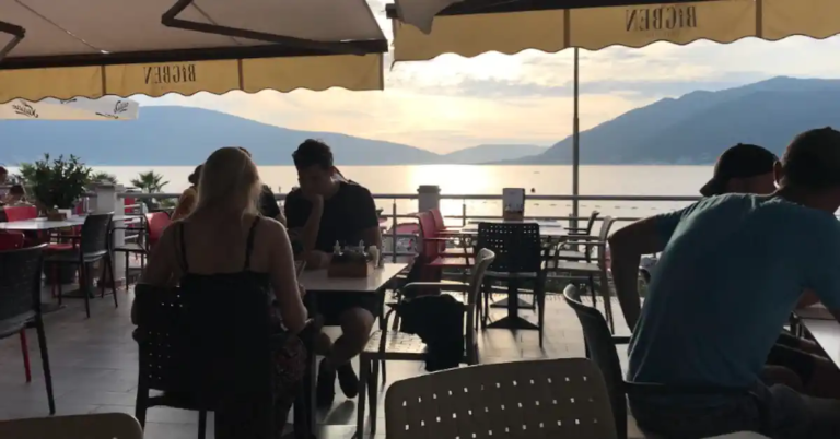 Big Ben Tivat upper terrace at sunset overlooking Bay of Kotor