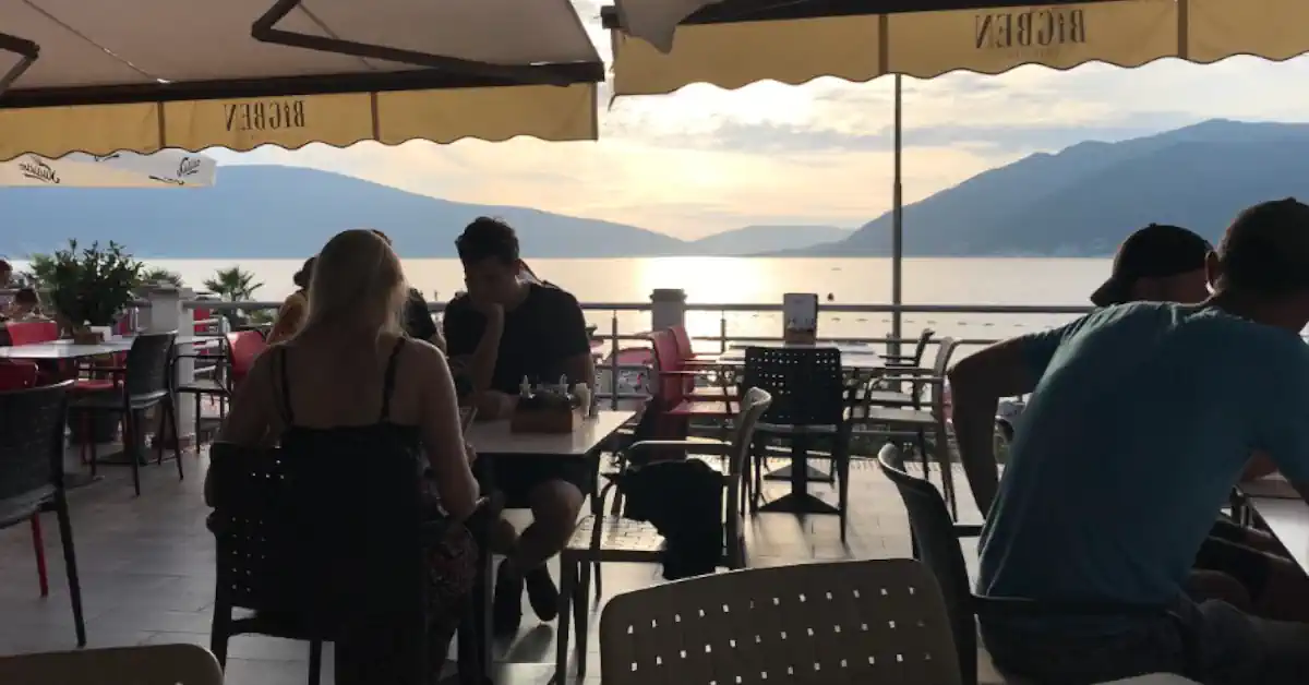 Big Ben Tivat upper terrace at sunset overlooking Bay of Kotor