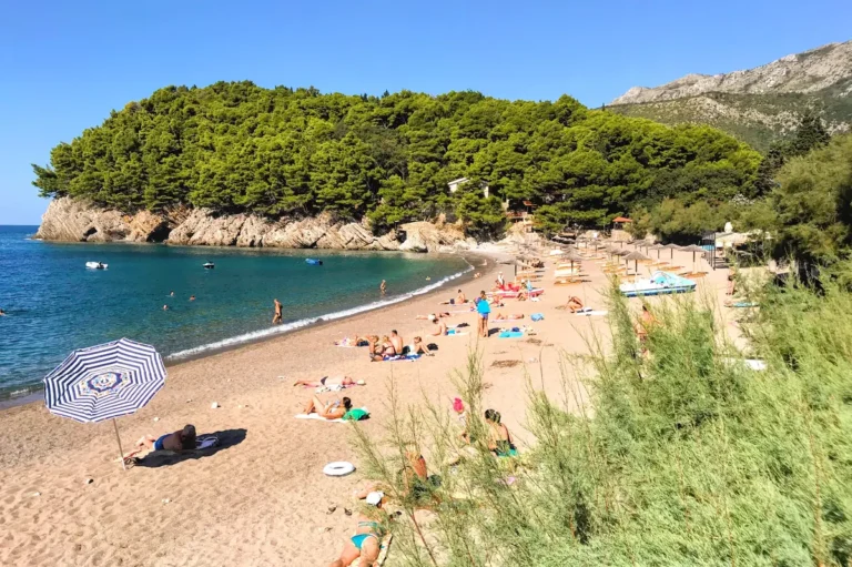 Side view of Lucice Beach near Petrovac Montenegro featuring the horseshoe-shaped bay, turquoise water, and dense pine forest surroundings
