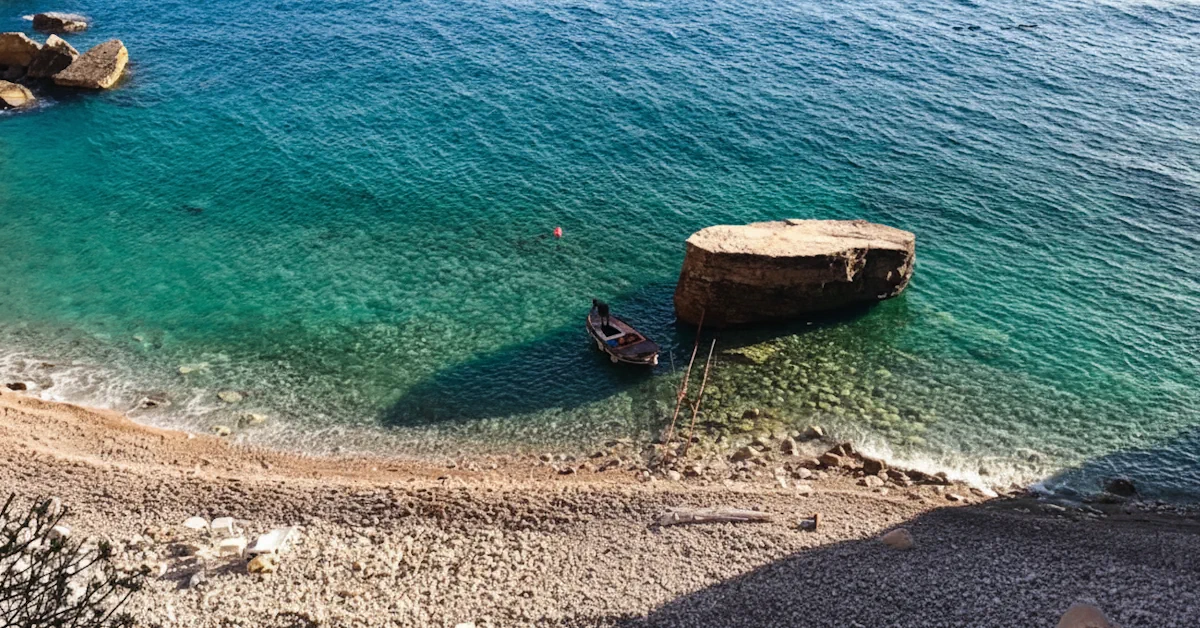 The dramatic red cliffs, turquoise waters, and the iconic monolith of Crvena Stijena (Red Rock) beach near Petrovac