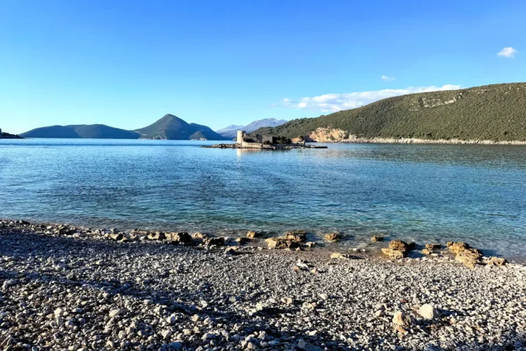 Arza Beach on the Lustica Peninsula overlooking the monastery island of Oticic Gospa
