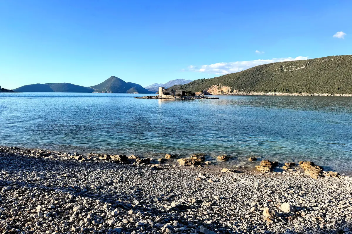 Arza Beach on the Lustica Peninsula overlooking the monastery island of Oticic Gospa