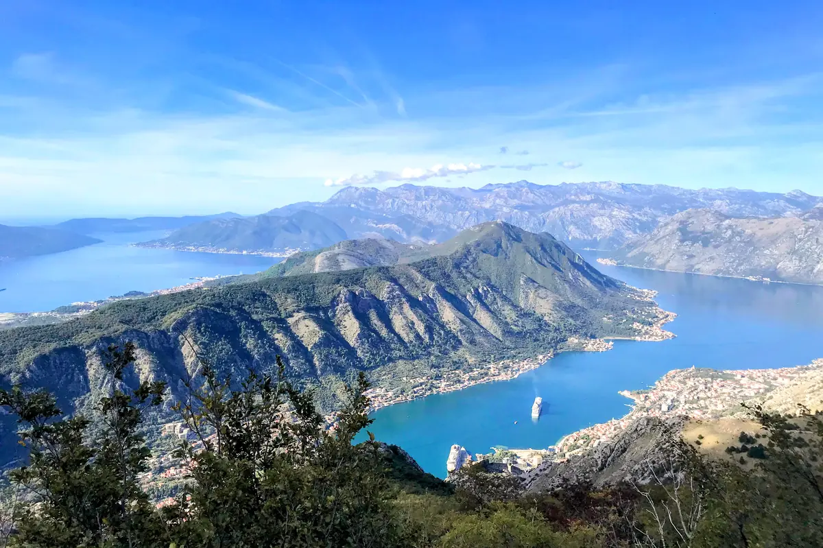 Aerial view of Bay of Kotor from the Ladder of Kotor hiking trail