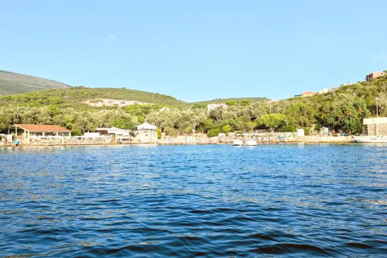 The olive tree fringed cove of Miriste Beach on the Lustica Peninsula photgraphed from a boat