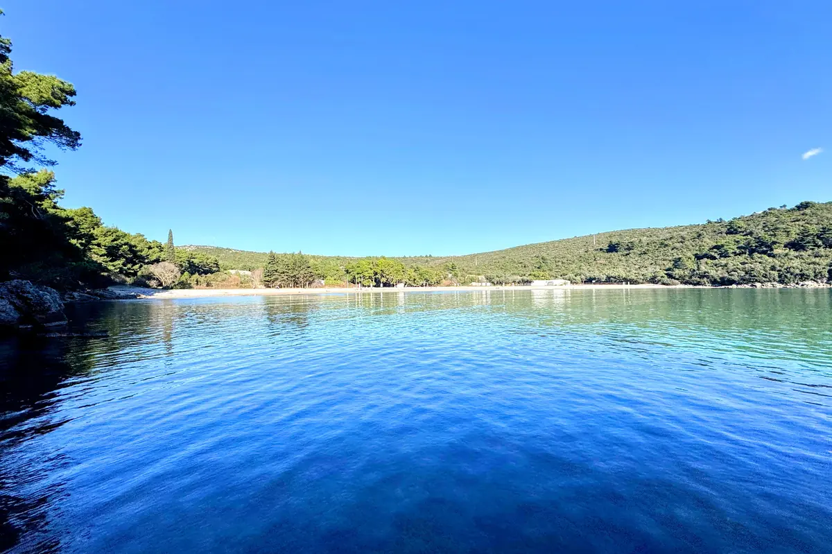 Plavi Horizonti Beach on the Lustica Peninsula, panorama from pine-fringed hiking trail