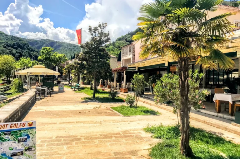 Rijeka Crnojevica riverside walkway with fish restaurants
