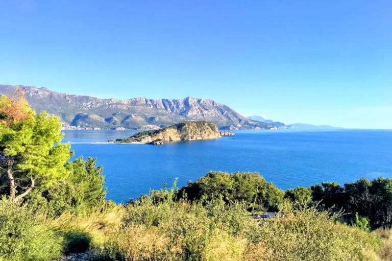 Aerial View of Sveti Nikola Island, locally also known as Hawaii, near Budva