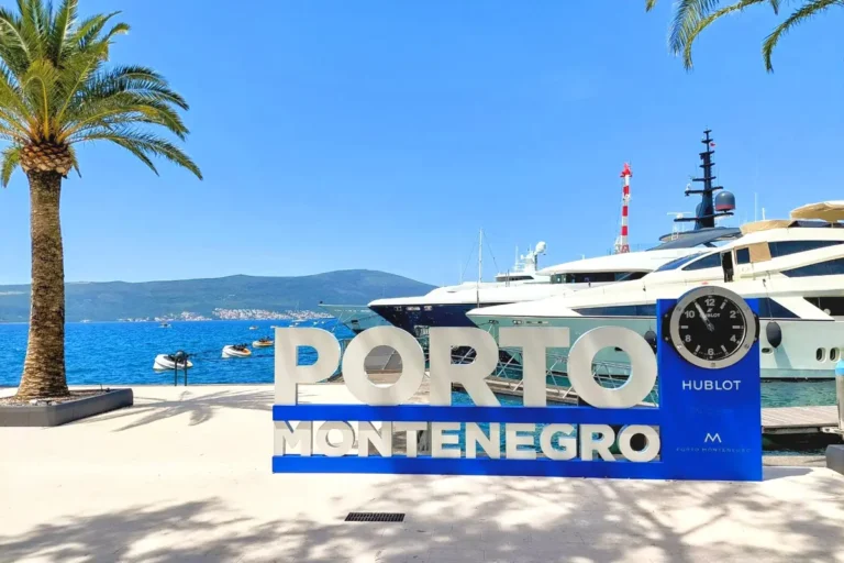 Tivat Porto Montenegro Marina, Palms, and Clock