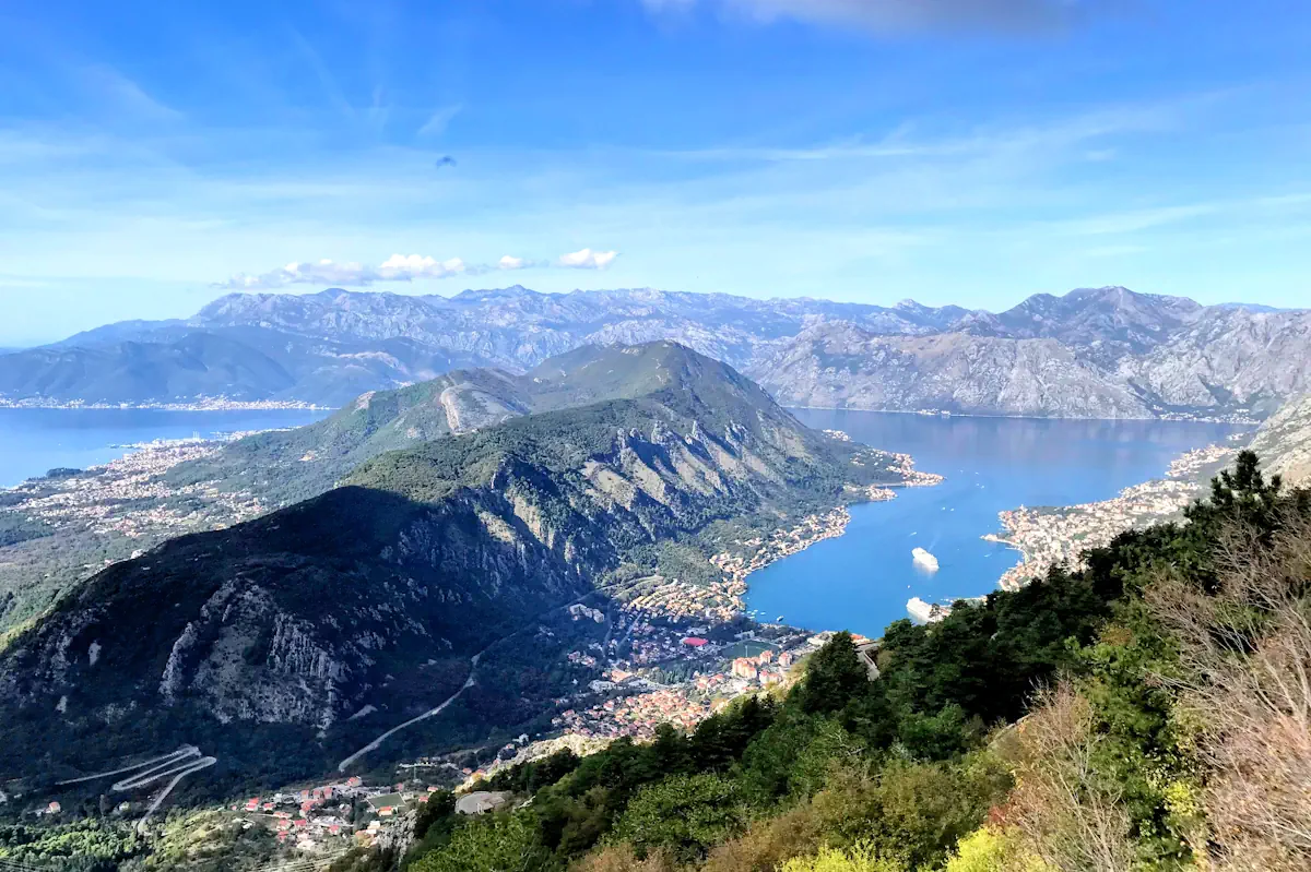 Bay of Kotor , aerial view from the Krstac Pass, cruise ships in the background