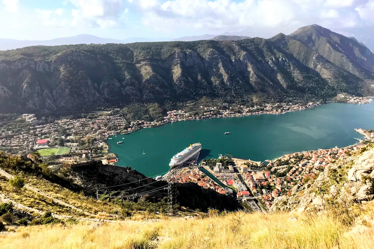 Ladder of Kotor Viewpoint over the Bay with cruise ship docked