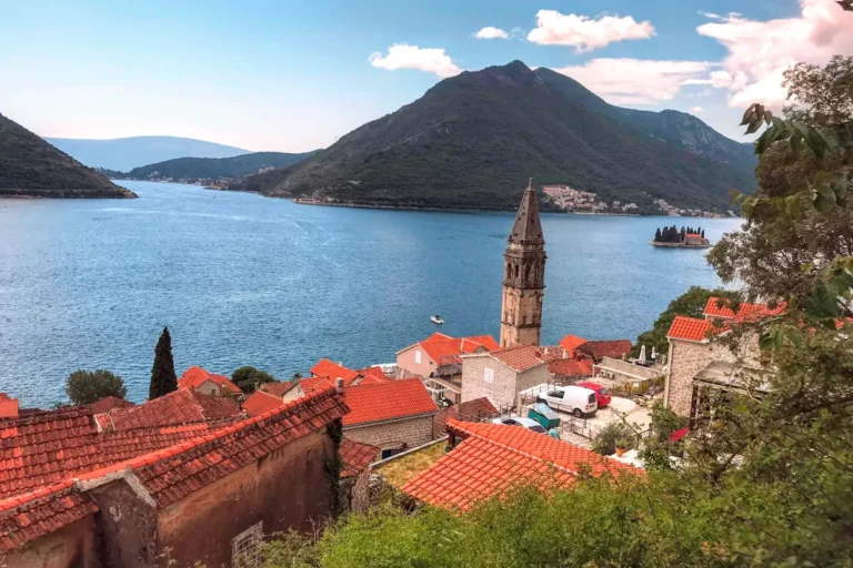 Aerial View of Perast with St. Nicholas Church, the Islands, and Verige Strait