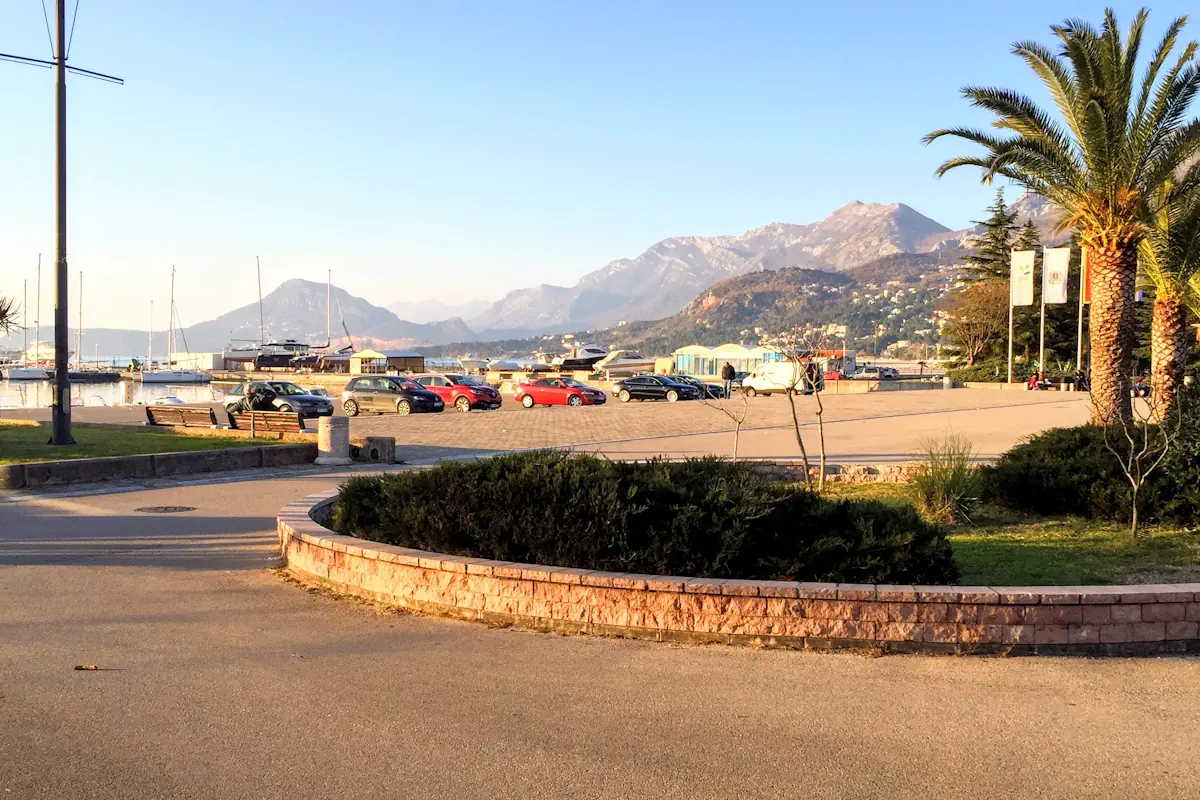 View of the Marina in Bar and palm trees from a restaurant terrace